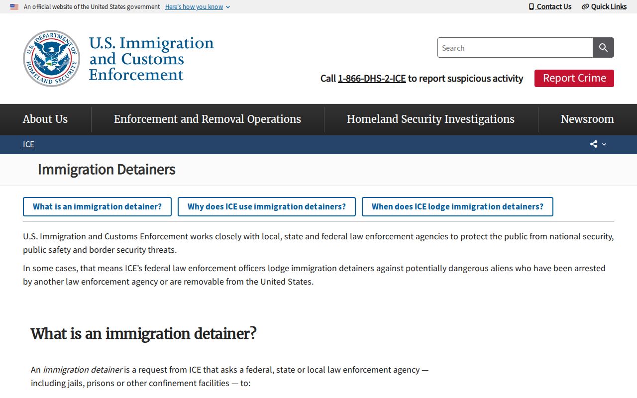 ICE webpage explaining immigration detainers and custody transfer