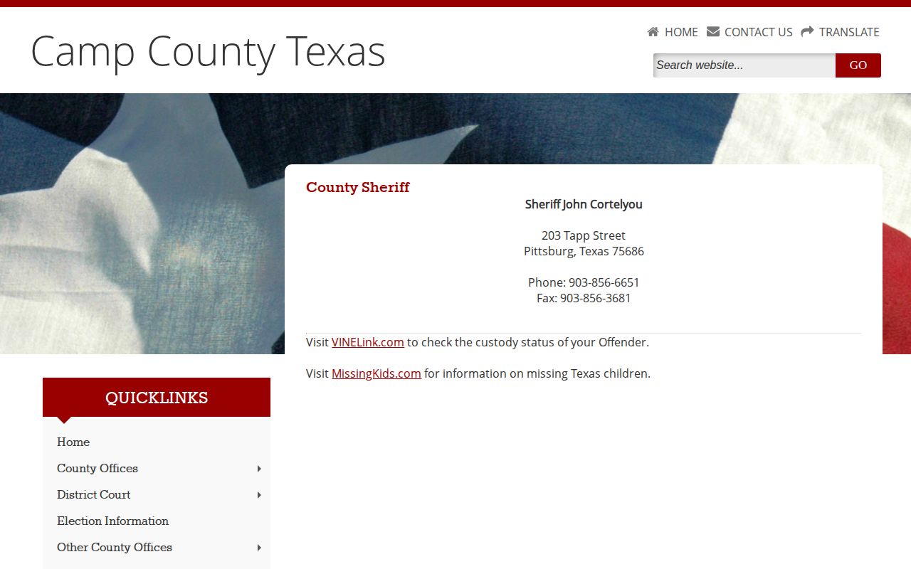 Camp County Sheriff page showing jail contact information and VINELink direction