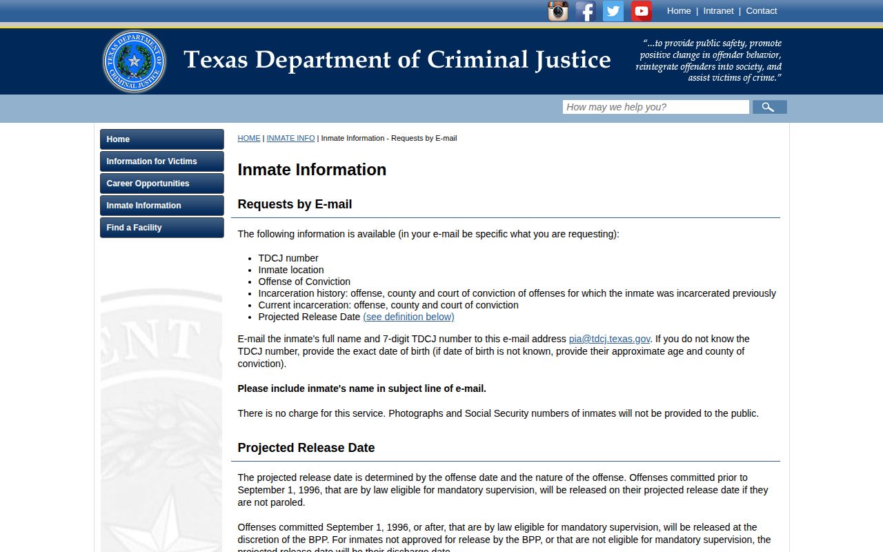 TDCJ definition for a Camp County projected release date