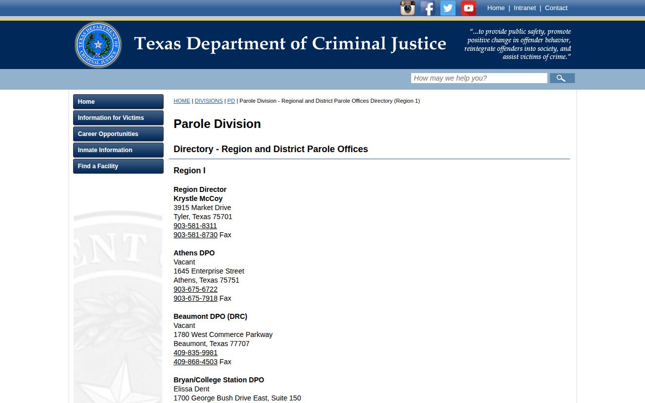 Mount Pleasant parole office for Camp County released people