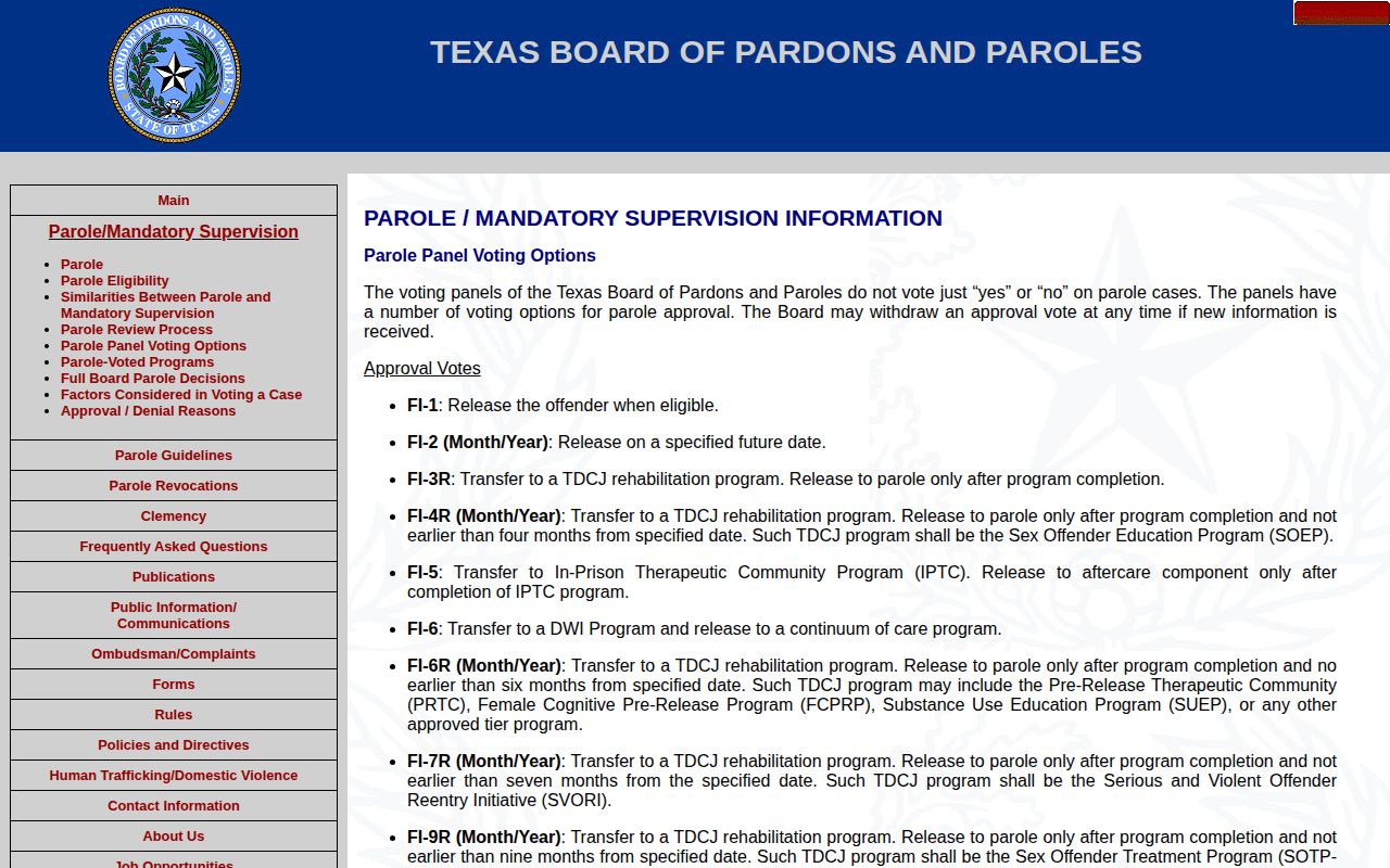 Texas parole decision codes for Camp County release supervision